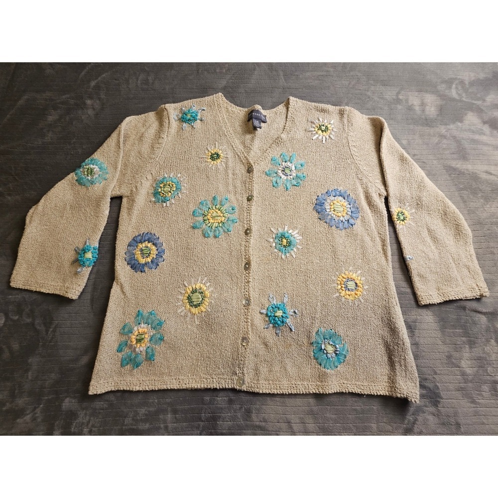 Northern Isles Silk Linen Floral Ribbon Embroidered Cardigan Beige Large